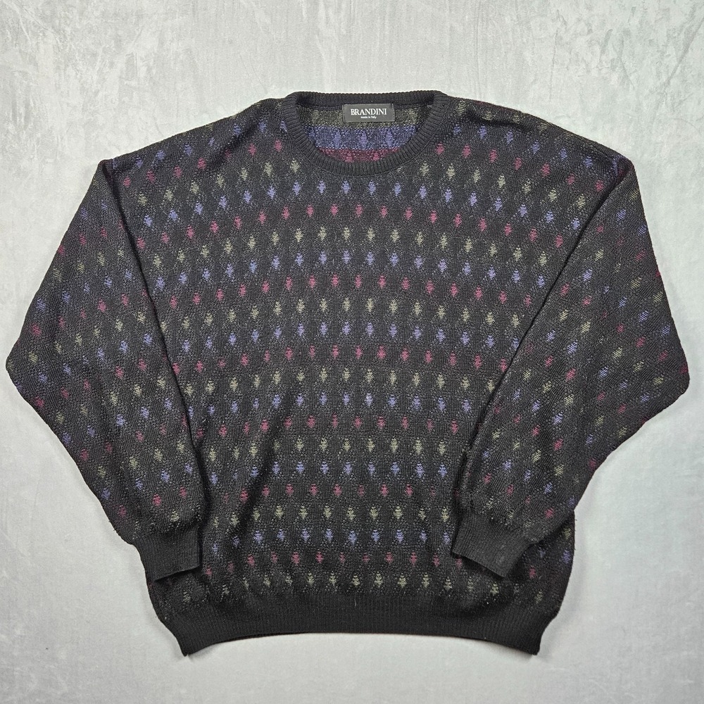 Vintage 100% Merino Wool Sweater Mens XXL Black Geometric Brandini Made In Italy